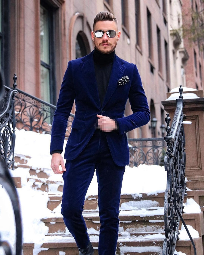 Dark Blue One Button Velvet Mens Prom Suits Notched Lapel Celebrity Wedding Tuxedos For Men Two Pieces Blazers (Jacket + Pant)
