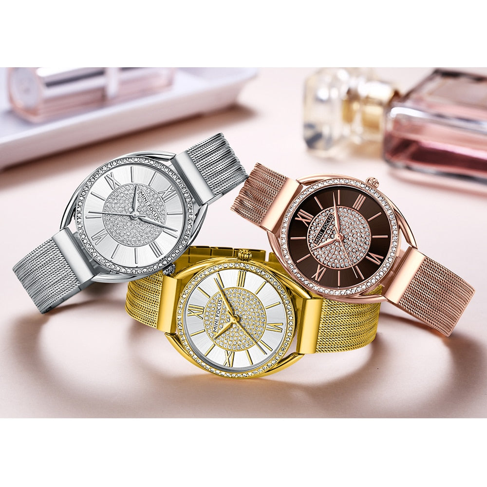 MINI FOCUS Trendy Crystal Watch for Women Business Dress Ladies Watches Top Brand Luxury Diamond Quartz Steel Strap Wristwatch