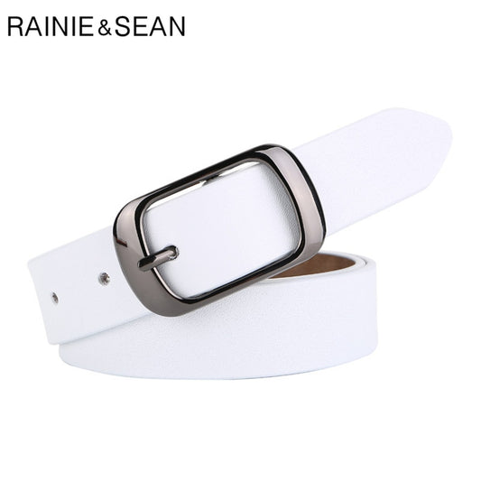 RAINIE SEAN White Belt Women Cowskin Genuine Leather Women Belt High Quality Brand Buckle Ladies Belts for Jeans 110cm