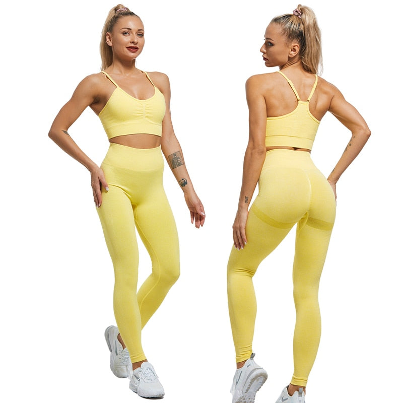NORMOV Seamless Gym Set Women Fitness Yoga Set Sports Suits High Waist Leggings+Push Up Bra 2 peice Set Sportswear