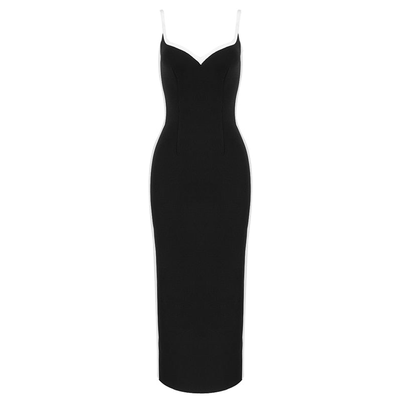 Chic White Striped Splicing Design V Neck Sleeveless Celebrity Party Bandage Long Slip Best Dress