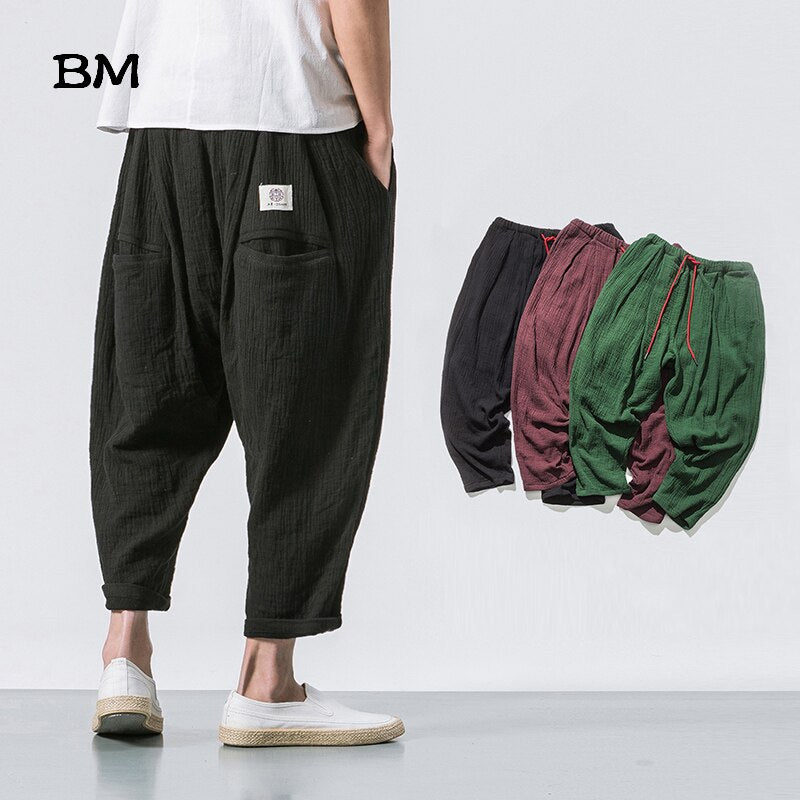 Best Black Linen Cropped Trousers Ethnic Style Harem Pants Mens Baggy Pants Summer Japanese Loose Joggers www.chishtismart.com