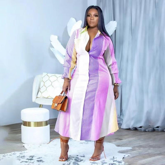 Plus Size Dresses Women Clothing Office Elegant Midi Dress Striped Ladies Long Sleeve Shirt Dress Dropshipping Wholesale