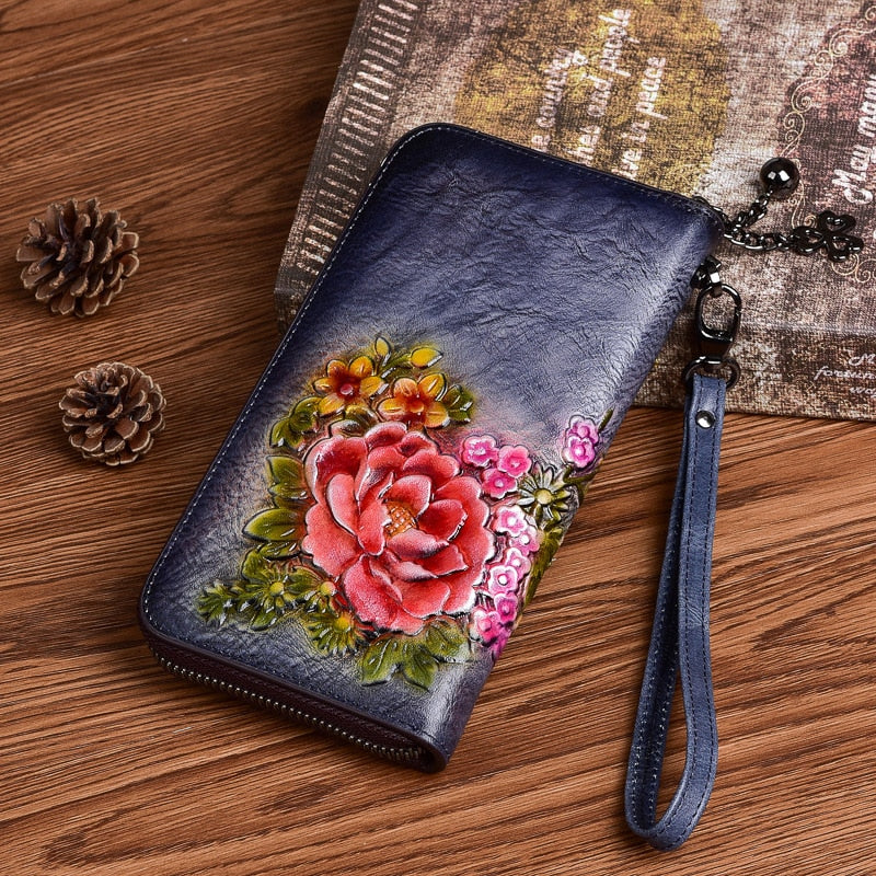 MOTAORA 2022 New Chinese Style Retro Women Wallet Genuine Leather Long Zipper Purse Vintage Handmade Embossed Clutch Card Holder