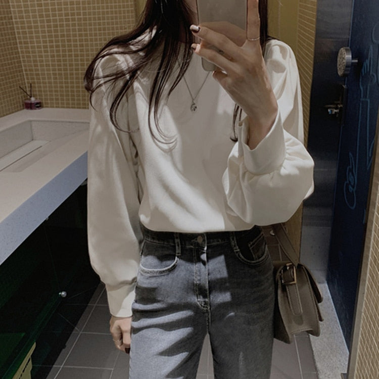New 2021 Spring Summer Women's Blouses Shirt Puff Sleeve Elegant Sweetheart Clothing Solid Wild Korean Style Lady Tops BL3260