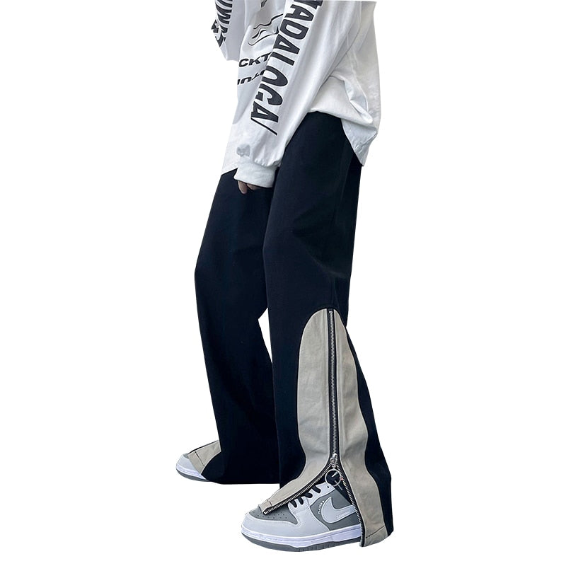 Fashion Side Zipper Casual Wide Leg Pants Khaki/Black Men 2022 Spring Streetwear Loose Straight Pant Mens Patchwork Trousers