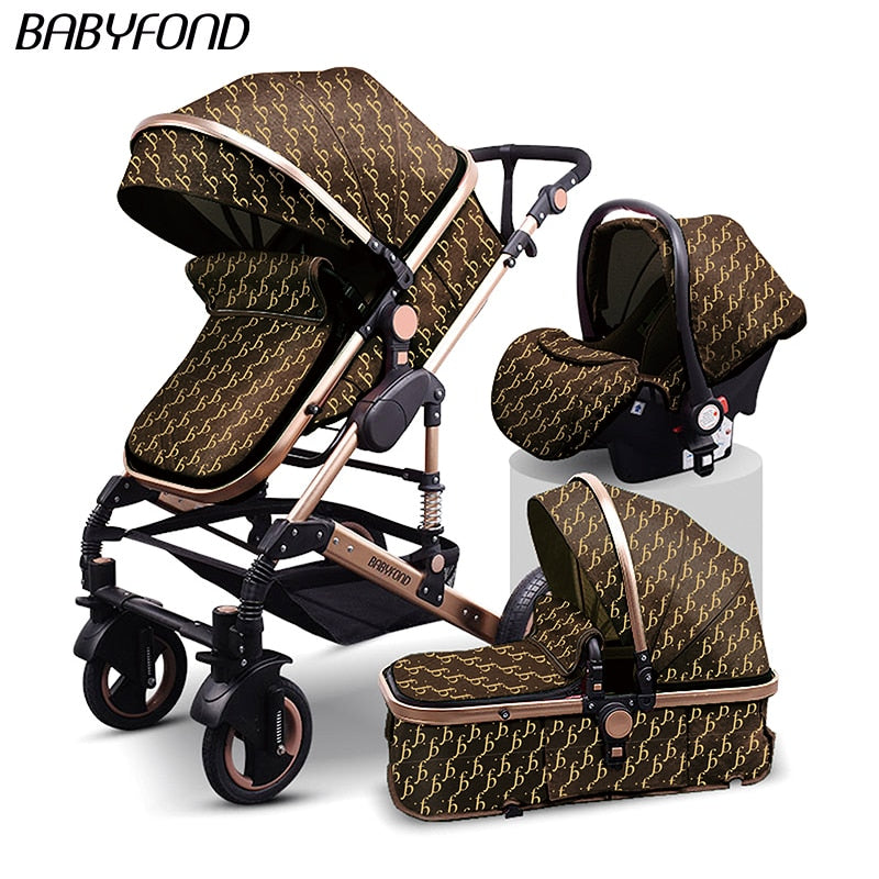 Babyfond Baby Stroller 3 in 1 High Landscape Baby Cart PU Leather Stroller With Car Seat 2 in 1 Luxury Baby Stroller CE Safety