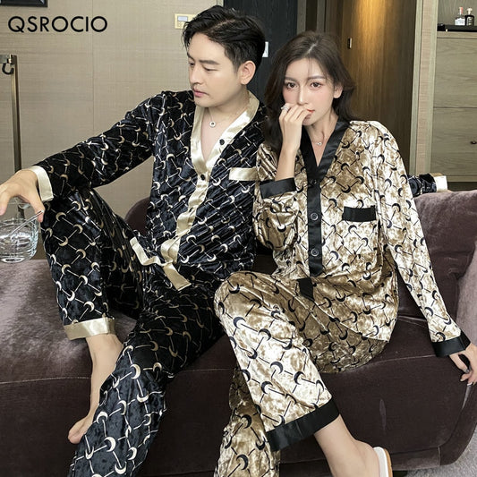 QSROCIO High Quality Women's Pajamas Set Velvet Sleepwear Moon Print Casual Homewear Men Nightwear Luxury Couple Pyjamas Femme