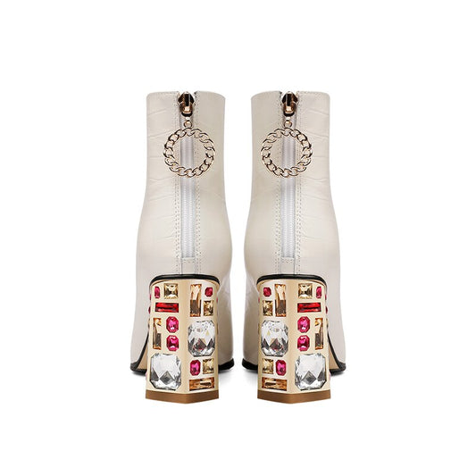 Winter Boots Women Genuine Leather Ankle Ladies Point Toe Short Boots Slip On Zipper Shoes 2022 Black Woman Thick Heel Boots