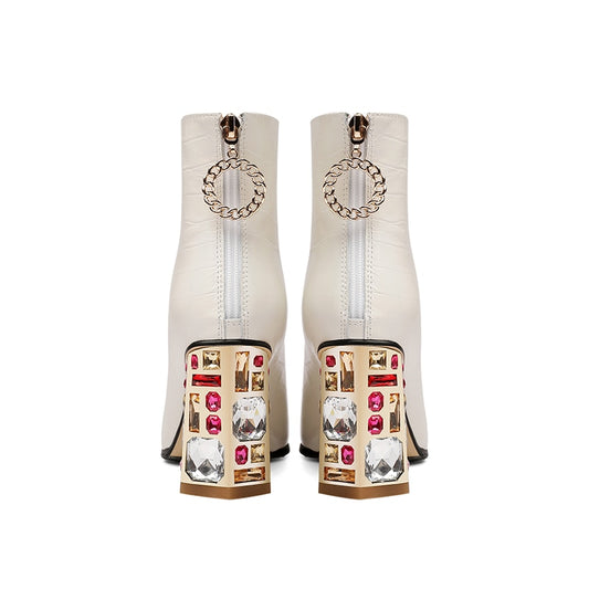 Winter Boots Women Genuine Leather Ankle Ladies Point Toe Short Boots Slip On Zipper Shoes 2022 Black Woman Thick Heel Boots