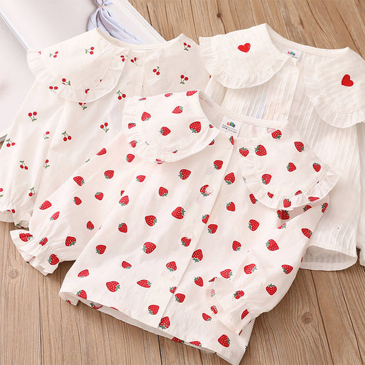 2022 Spring Autumn 2 3 4 6 10Years Toddler Kids Fashion Big Turn Down Collar Full Print Tops Baby Girls Long Sleeve Blouse Shirt