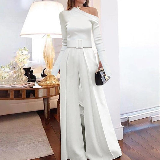 Fashion Jumpsuit Woman Long Sleeve Bodycon Tops&long Pants White Women Rompers Elegant Wide Leg Flared Pants Jumpsuit