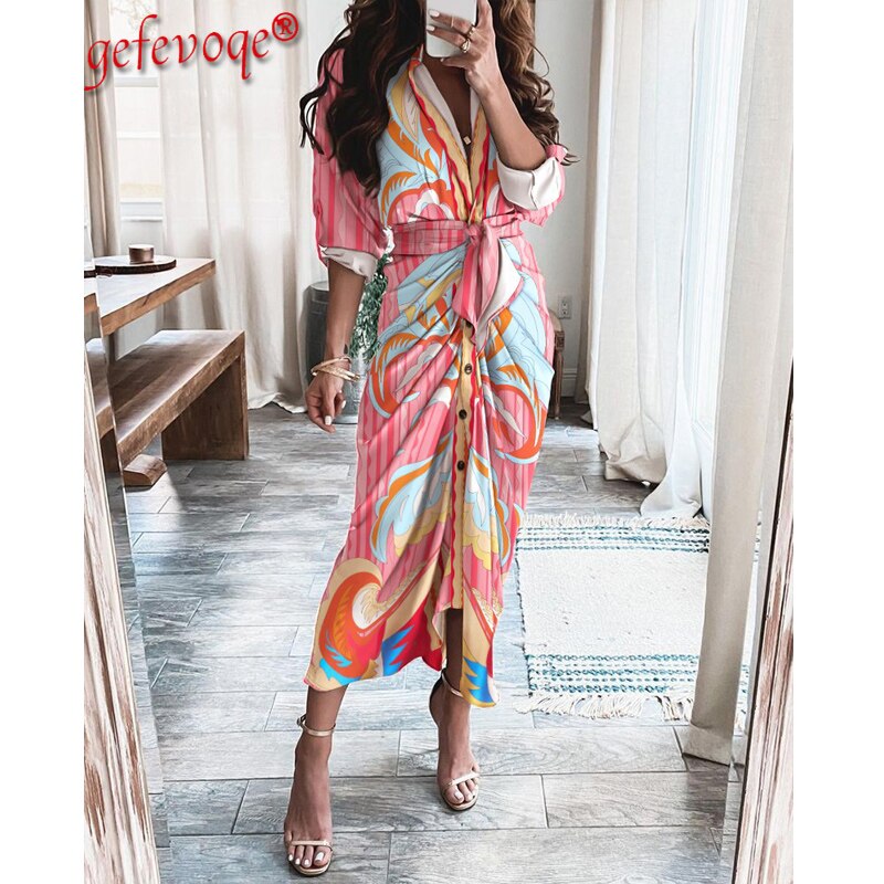 Striped Leopard Print Button Women's Dress Spring 2022 Elegantes Ankle Bandage Dress Half Sleeve Vintage Dress Shirt Beach Robe