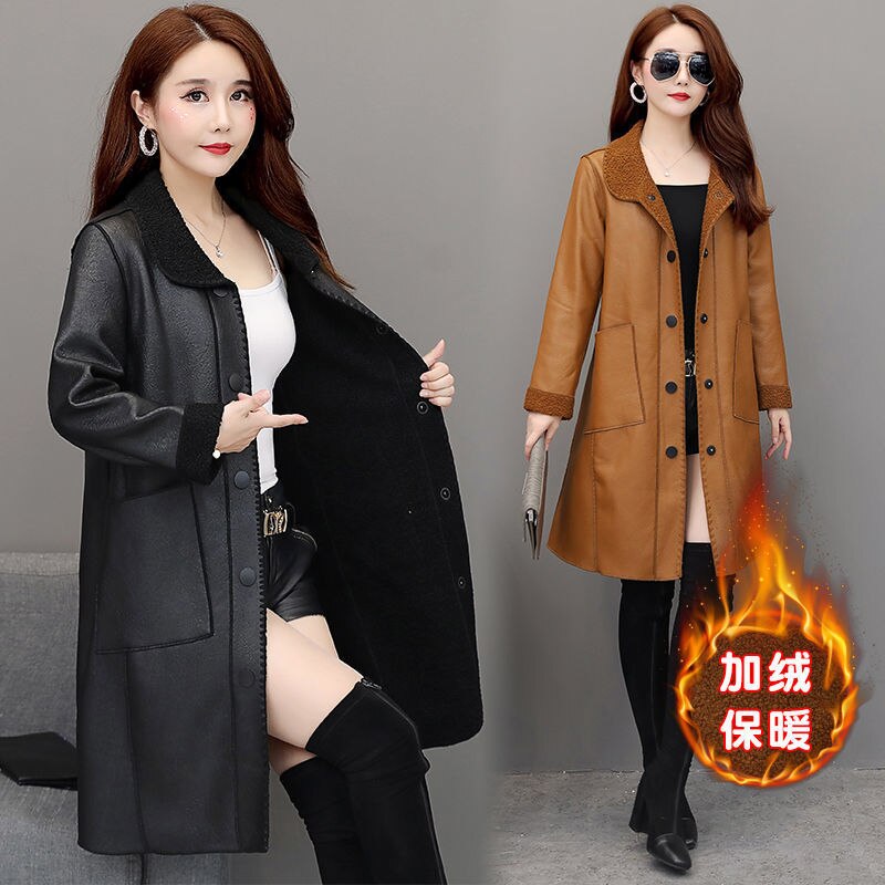 Winter warmth faux leather moto coat women black Brown tops PU jacket 2020 new lapel leisure fashion plus thick coat