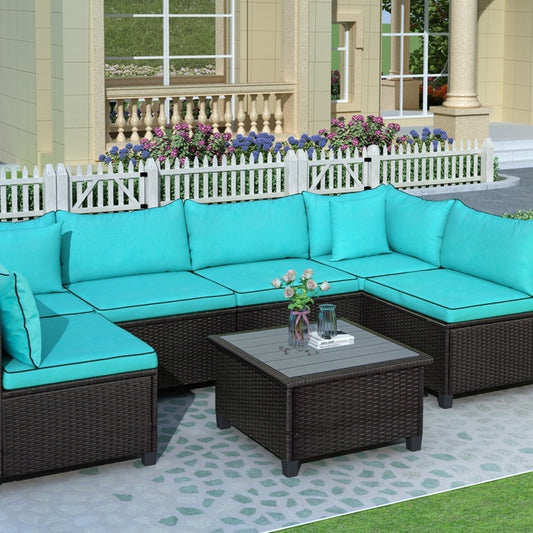 U-style Quality Rattan Wicker Patio Set, U-Shape Sectional With Cushions And Accent Pillows Outdoor Furniture Set