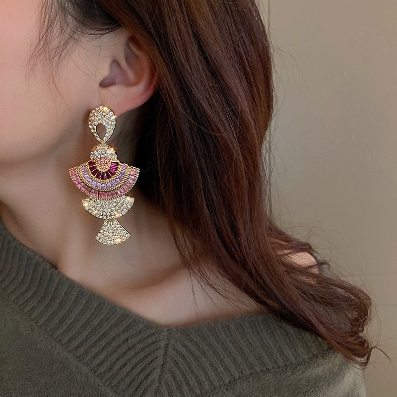 FYUAN Vintage Baroque Style Geometric Drop Earrings Women Pink Zircon Crystal Sector Dangle Earrings Banquet Jewelry Accessories