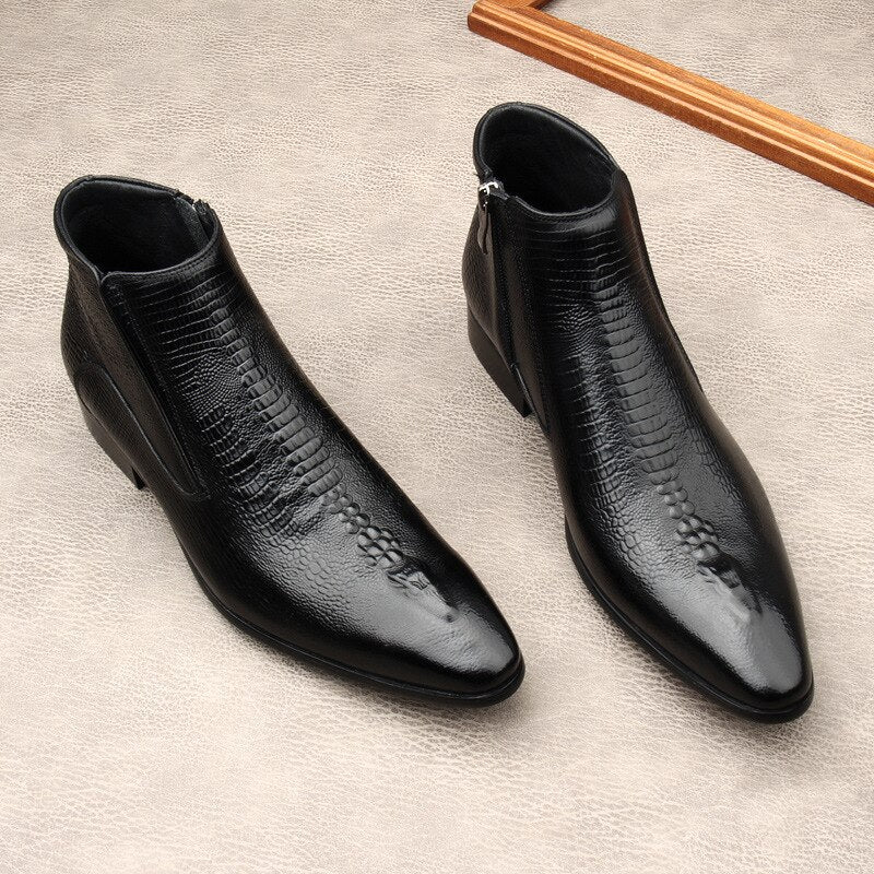Handmade Brand Men Ankle Boots Luxury Genuine Leather Fashion Designer Black Basic Zipper Pointed Black Formal Mens Boots