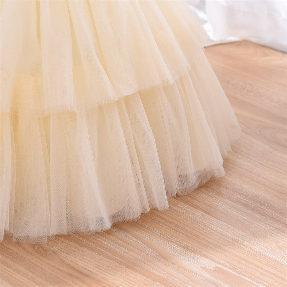 Yoliyolei Fashion Tulle Layers Flower Girl Dresses Red Champagne Gold Waist Belt Shoulderless Baby Casual Dress for Girls