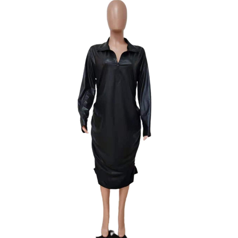 Plus Size Dresses Zipper Sexy Black Dress Clubwear Stretchy Leather Long Sleeve Midi Dress Bodycon Wholesale Dropshipping