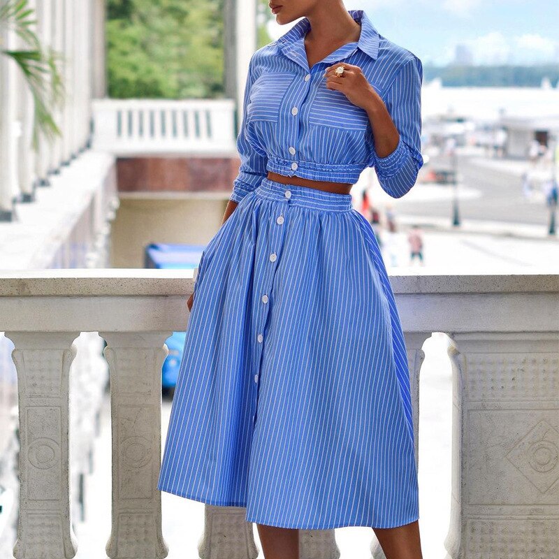 Fashion Striped Print Outfits WomenTurn-down Collar Button Crop Top + A-line Skirts Two Piece Suit Autumn Casual Woman Suit's