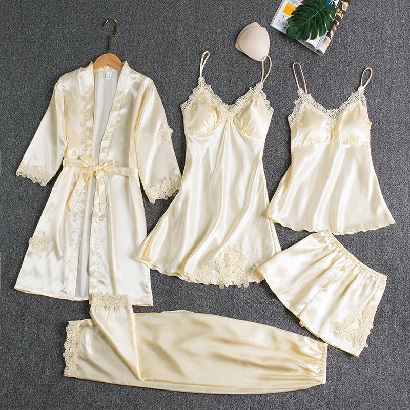 Sleepwear Female 5PCS Pajamas Set Satin Pyjamamas Lace Patchwork Bridal Wedding Nightwear Rayon Home Wear Nighty&Robe Suit