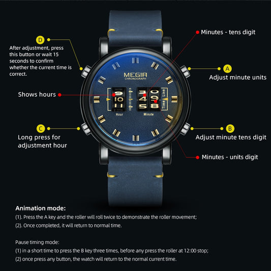 MEGIR Fashion Men's Roller Design Business Clock Men Quartz Watch Leather Waterproof Casual Sport Mens Watches Relogio Masculino