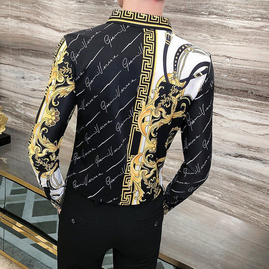 Autumn Man Vintage Printed Social Black Shirts Luxury Men's White Slim Fit Long Sleeve Dress Shirt Fashion Casual Chemise Homme