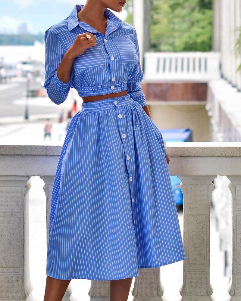 Fashion Striped Print Outfits WomenTurn-down Collar Button Crop Top + A-line Skirts Two Piece Suit Autumn Casual Woman Suit's
