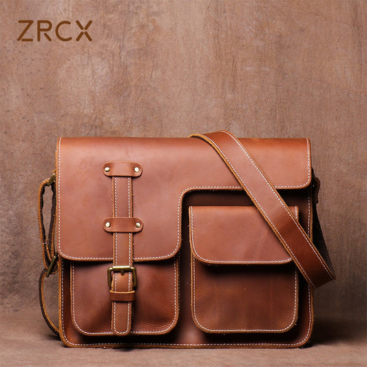 ZRCX Men's Vintage Crossbody Bag Genuine Leather Casual Shoulder Retro Messenger Hight Quality Bag ,For 12.9-Inch Laptop