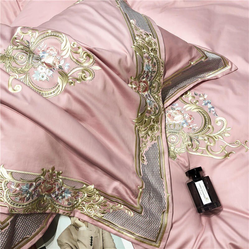 Bedding Set - Premium 1000TC Egyptian Cotton US Queen King 104X90" Oversize Bedding Set White Pink Embroidery Duvet Cover Bed Sheet Pillowcase
