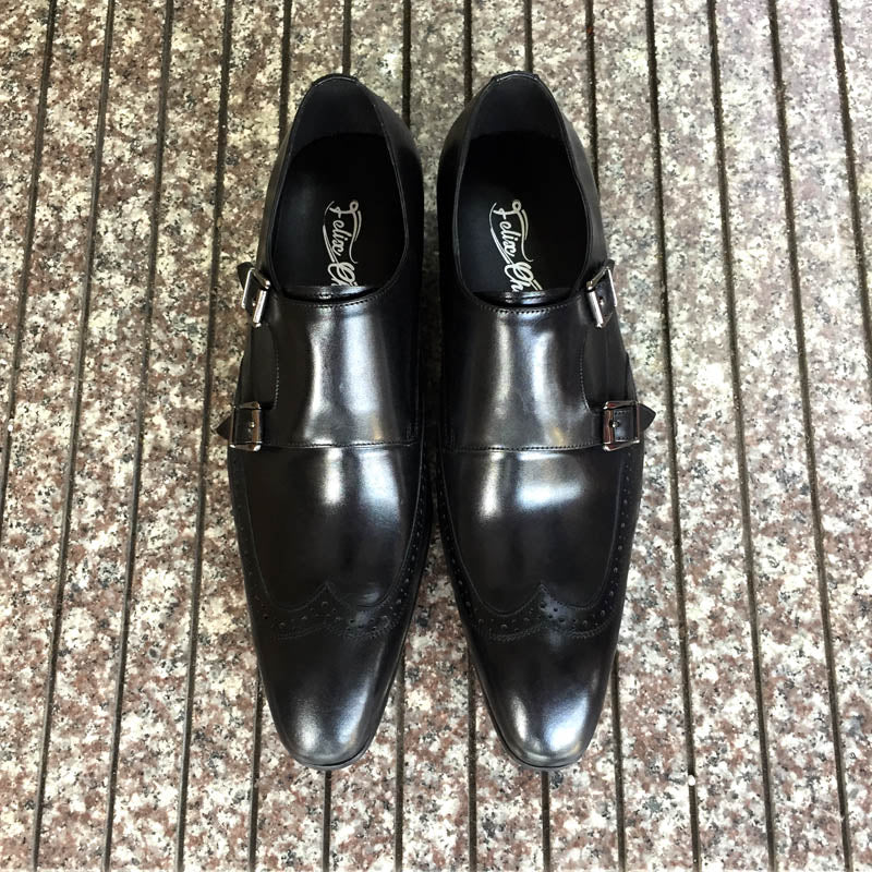 FELIX CHU High Quality Genuine Leather Men Formal Shoes Party Pointed Toe Dressy Wedding Burgundy Black Monk Strap Dress Shoes