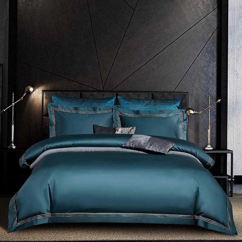 Embroidered Deep Green Blue Duvet Cover Premium Soft Egyptian Cotton Bedding set Double Queen King 4/6Pcs Bed Sheet Pillowcases