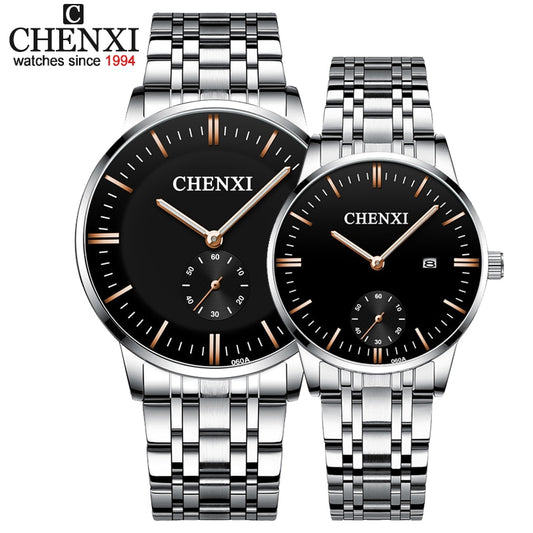 CHENXI Lover's Wristwatches Women Fashion Watches Men or Lady Quartz Watch Silver Stainless steel Waterproof Clock Date Watches