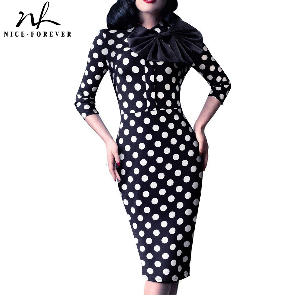 Nice-forever Spring Women Vintage Polka Dots with Bow Dresses Office Business Bodycon Sheath Dress B244