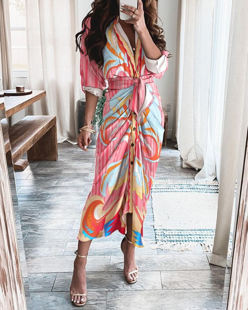 Striped Leopard Print Button Women's Dress Spring 2022 Elegantes Ankle Bandage Dress Half Sleeve Vintage Dress Shirt Beach Robe