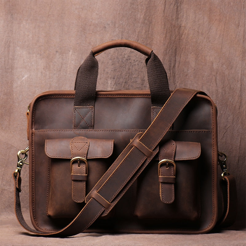 ZRCX Vintage Men Briefcase Man Handbag Shoulder Crazy Horse Genuine Leather Bags Brown Business Fashion 14 Inch Laptop Bag