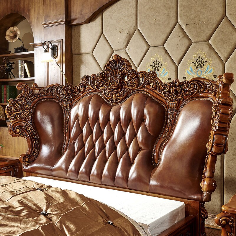 European-style Luxury Villa 2 Meters Wide Bed Solid Wood Carved First Layer Cowhide Luxury Hotel Bed Frames Queen Size