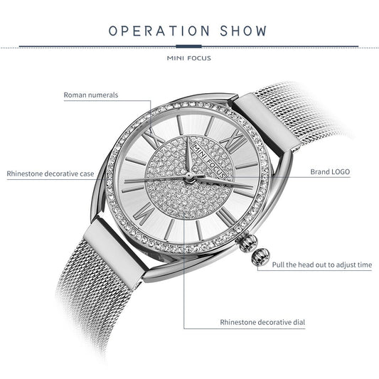 MINI FOCUS Trendy Crystal Watch for Women Business Dress Ladies Watches Top Brand Luxury Diamond Quartz Steel Strap Wristwatch