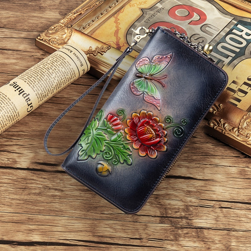 MOTAORA Women's Retro Wallet Genuine Leather Vintage Purse Women Chinese Style Embossed Card Holder Ladies Casual Female Clutch