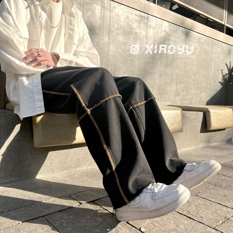 Mens jeans Fashion All-match Trousers Jeans Korean Style High Street Loose Hip Hop Wide-leg Jean Pants Black/Blue