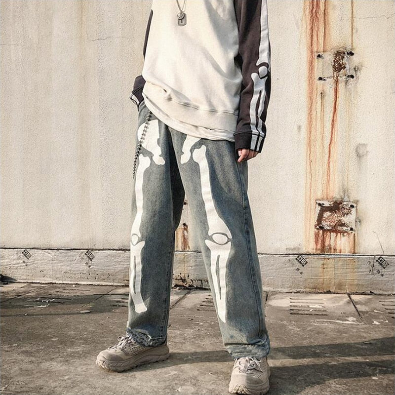 Men Jeans Skeleton Oversized Straight jeans Black Pants 2021 Denim Mens Streetwear Hip Hop Harem Pants High Wasit Denim Pants