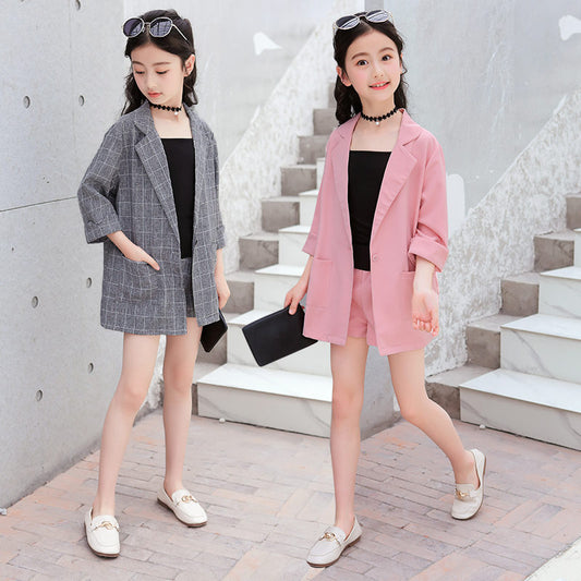 Kids Girls Blazer Jacket + Vest + Shorts 3PCS Tuxedos Suit for Kids Suit Children Girls Blazer For Wedding Party Pink Grey Color