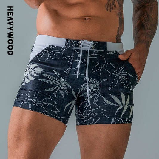 Heavywood Summer Men's Beach Swimming Trunks Drawstring Elastic Waist Swimsuit Shorts Man Plus Size Quick Drying Swimwear Shorts