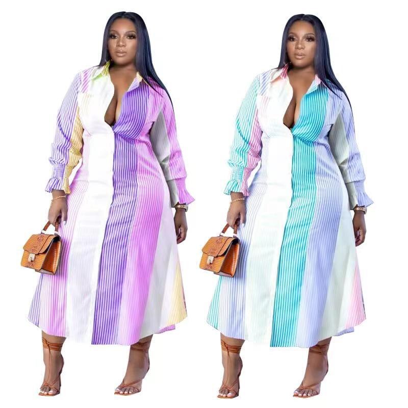 Plus Size Dresses Women Clothing Office Elegant Midi Dress Striped Ladies Long Sleeve Shirt Dress Dropshipping Wholesale