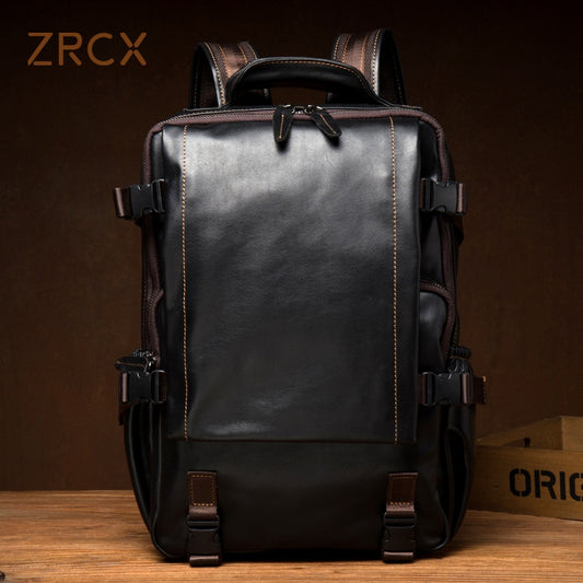 ZRCX Travel Genuine Leather Backpack Male Retro Handmade First Layer Leather Backpack Casual Business Computer Bag School Bag