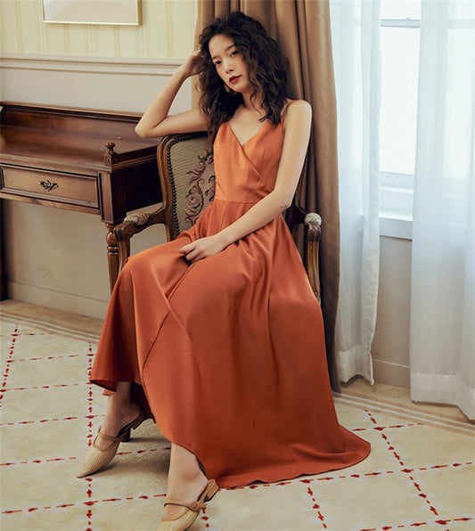 New 2021 Women Spring Summer Sundress Strap Beach Holiday Backless Sexy Elegant Satin Lace Up Bow Vintage Lady Long Dress DR2019