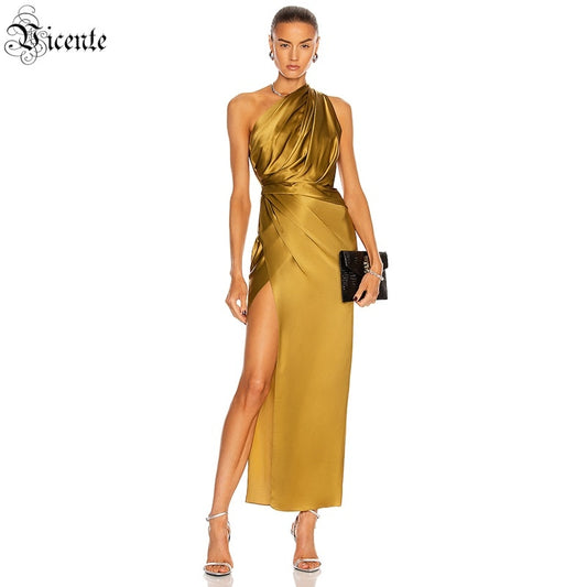 VC Long Satin Dress Women Draped Design One-shoulder Diagonal Collar Sleeveless Party Side Slit Skirt