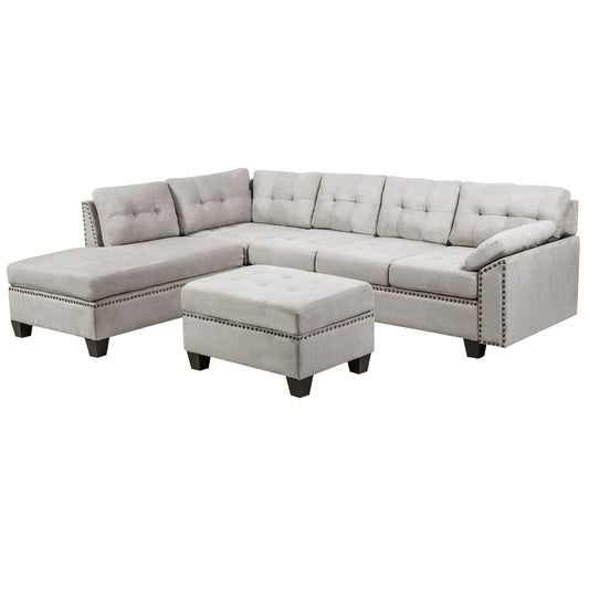 Sectional Sofa Set With Chaise Lounge And Storage Ottoman Nail Head Detail Grey