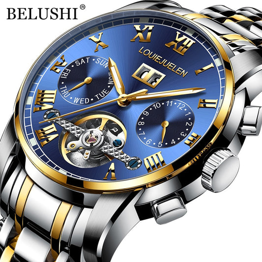 BELUSHI Men Automatic Mechanical Watch Luxury Business Stainless Steel Watches Luminous hands Tourbillon Waterproof Wristwatch