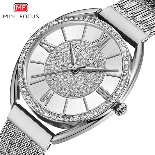 MINI FOCUS Trendy Crystal Watch for Women Business Dress Ladies Watches Top Brand Luxury Diamond Quartz Steel Strap Wristwatch
